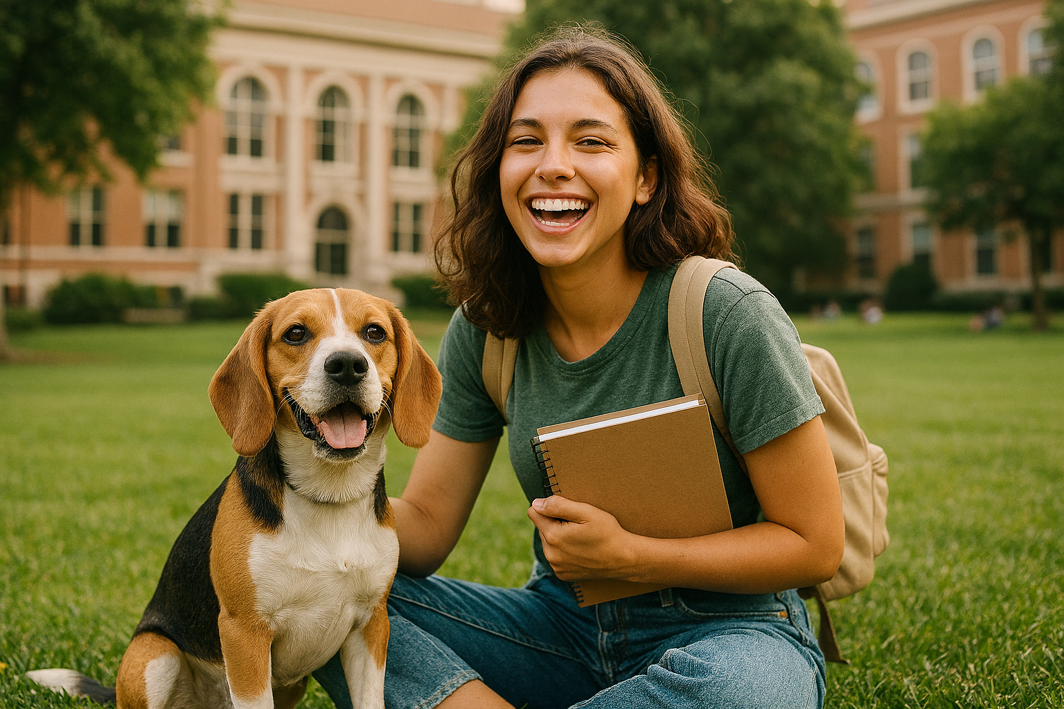Illustration of a FirstGen student sitting on a campus lawn with Rufus the buddy beside them.