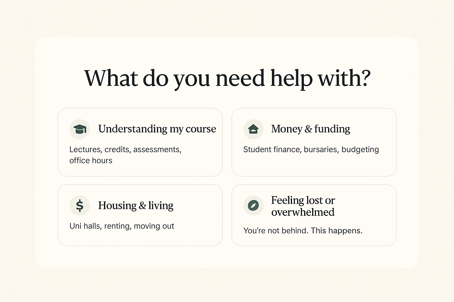 Design exploration of a 'What do you need help with?' decision section, branching into UCAS, finance, choosing a course, and student life.