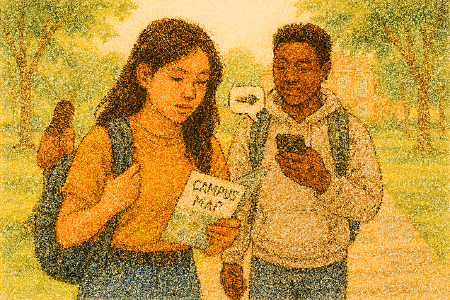 Hand-drawn illustration of two students finding their way across a leafy university campus — one holding a folded campus map, the other checking directions on a phone.